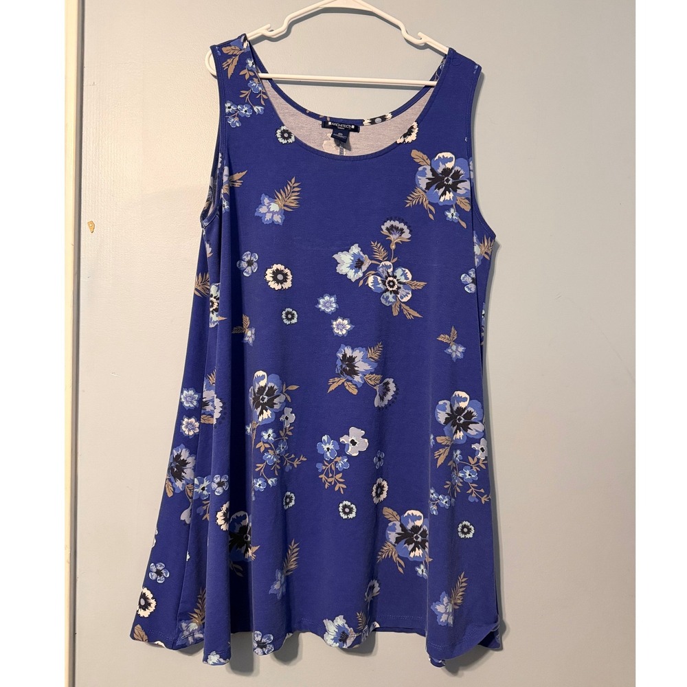 Architect Woman's 2X Blue Floral Sleeveless Swing Tank Top Stretch Knit 2127